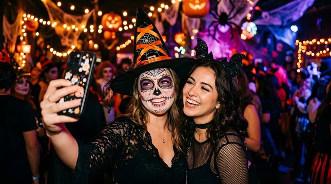 Two friends in costumes taking a selfie at a festive happy halloween party with colorful lights