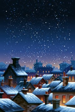 Snowy Christmas Rooftops Beneath a Starry Evening Sky