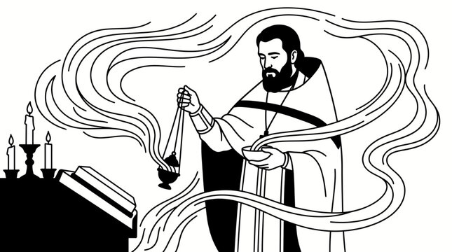 Priest Performing Incense Offering Ceremony Line Art Style Vector Illustration