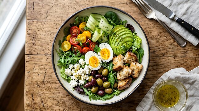 Fresh healthy salad bowl with avocado boiled egg grilled chicken cherry tomatoes and olives on wood table. brunch salad ideas