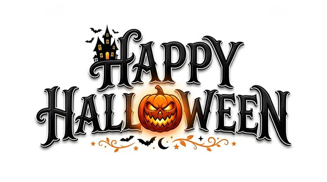 Spooky happy halloween text design featuring a carved jack o lantern pumpkin and gothic style lettering