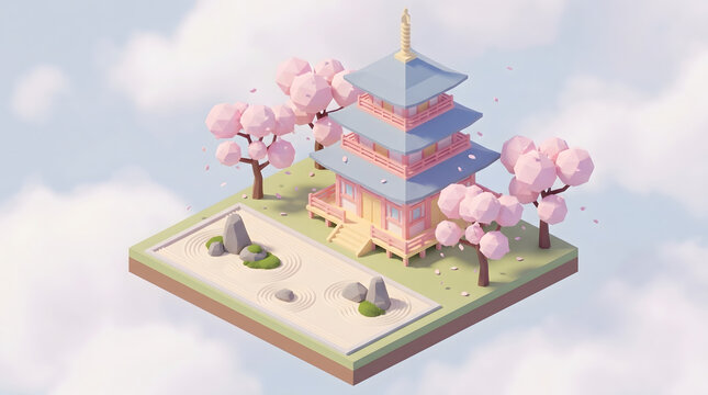 3D isometric Japanese pagoda temple with cherry blossoms and zen garden in a cloudy sky