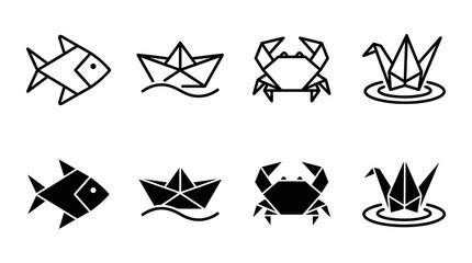Obraz premium Origami paper animal and object icons set with minimalist geometric creative illustration collection silhouette