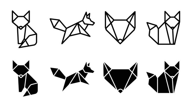 Origami fox geometric animal icons set with wildlife geometric minimalist creative illustration collection