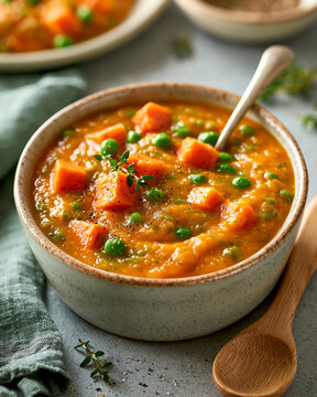Homemade organic vegetable pur&eacute;e prepared for healthy infant nutrition using fresh natural ingredients.