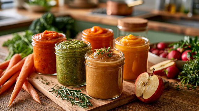 Healthy homemade baby food prepared in advance using fresh fruits and vegetables for convenient infant nutrition.