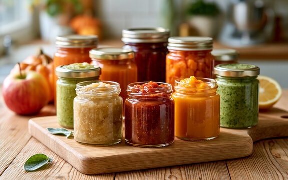 Colorful homemade baby food jars prepared with organic fruits and vegetables for healthy infant nutrition.