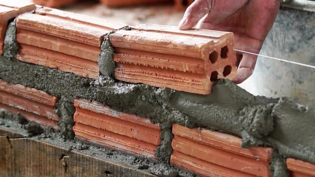 Skilled worker in close up shot meticulously constructing brick wall using cement mortar and trowel for precise application to ensure sturdy masonry construction.