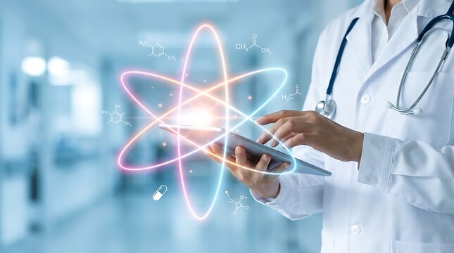 Medical in white coat holding tablet displaying molecular structures and chemical formulas medical white coat