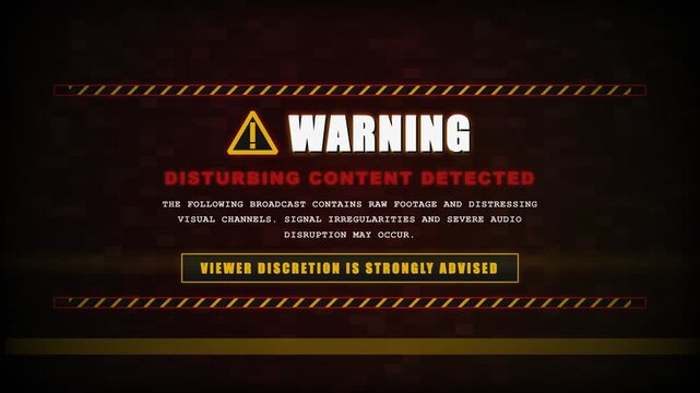 Glitchy digital warning screen about disturbing content and viewer discretion advice