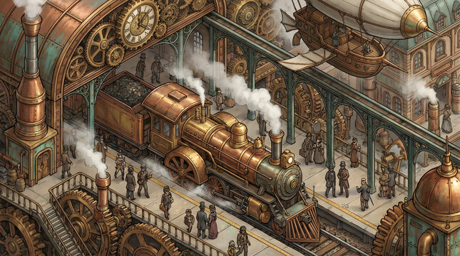 Detailed steampunk railway station with steam locomotive passengers and vintage airship overhead
