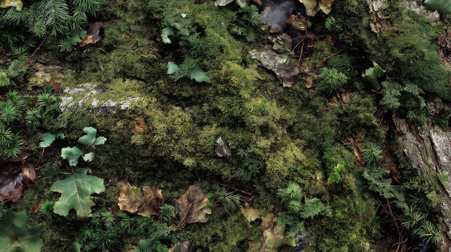 Moss grows on the damp forest ground floor.