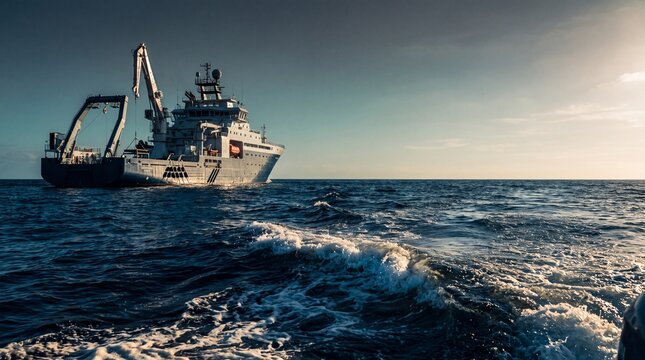 Research vessel and deep blue ocean under dramatic late afternoon light.