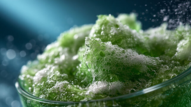 Close up of refreshing green lime shaved ice dessert in glass