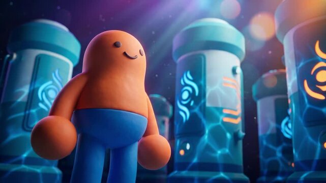 マリンテック空間で落ち込んだ状態から力強く立ち直る粘土風マスコットの3DCG映像
