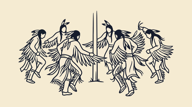 Dancers Performing Traditional Sun Dance Ritual Line Art Style Vector Illustration