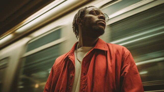 Man stands before a moving subway train car.