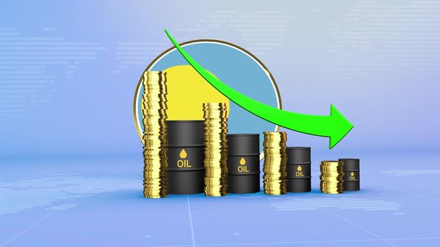 Palau Oil Prices Decline with Oil Barrels, Gold Coins and Downward Green Arrow, 3D Economic and Financial Market Concept