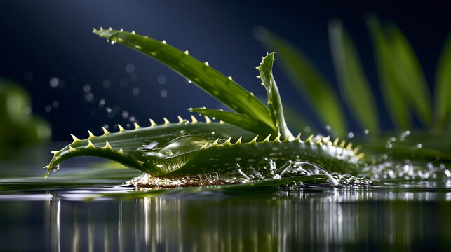 Aloe vera leaves splashing in clean water creating a refreshing ripple