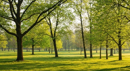 Obraz premium Lush green trees and a grassy field bask in golden sunlight
