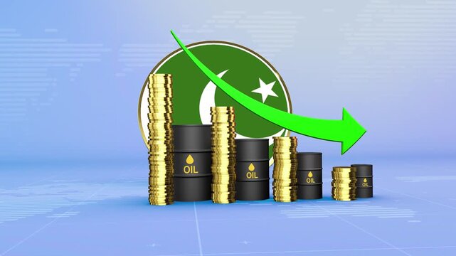 Pakistan Oil Prices Decline with Oil Barrels, Gold Coins and Downward Green Arrow, 3D Economic and Financial Market Concept