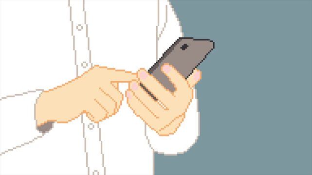 8-bit pixel art man with white shirt using smartphone