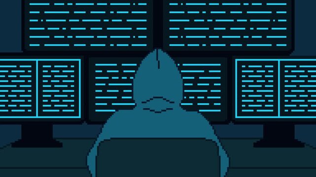8-bit pixel art hacker with multiple monitors