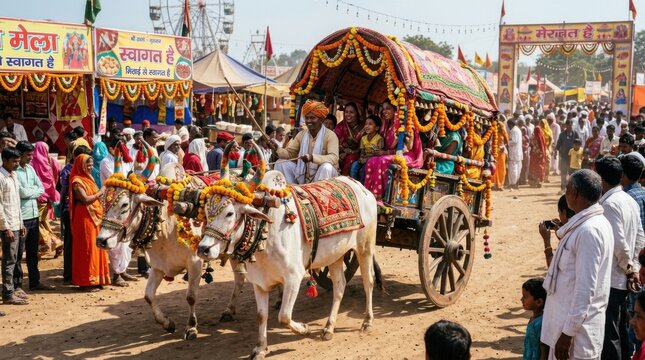 Traditional Bullock Cart Parade During Rural Cultural Celebration