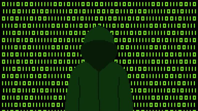 8-bit pixel art hacker with green binary code