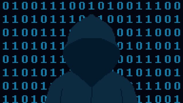 8-bit pixel art hacker with blue binary code