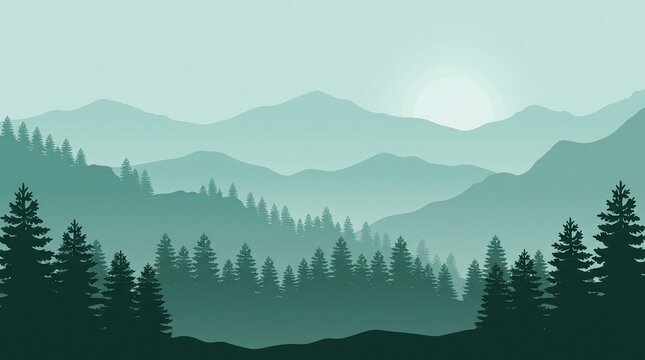 Flat vector illustration of misty mountain range and pine forest at sunrise