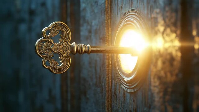 Ornate key glowing in keyhole, warm light on blue wood, mysterious scene with antique key entering wooden door, vintage metal lock close up view, mystery and access concept