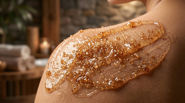 Close-up of natural body scrub with visible particles applied to a person's shoulder, promoting skincare and spa treatments, featuring warm, earthy tones and a serene