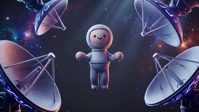 衛星管制空間で落ち込んだ状態からリラックスして微笑む粘土風マスコットの3DCG映像
