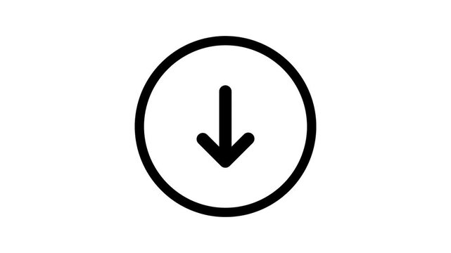 A minimalist black and white circular download arrow icon representing a simple digital interface element for web navigation and user action prompts