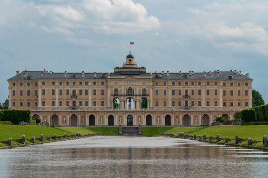 Strelna, St. Petersburg, Russia, June 12, 2025: Konstantinovsky Palace (Bolshoy Strelninsky Palace) of the palace and park ensemble in Strelna from the side of Nizhny Park on a sunny summer day