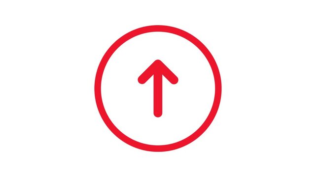 Red arrow pointing up inside circle icon isolated on white background, symbol of upload growth direction and progress