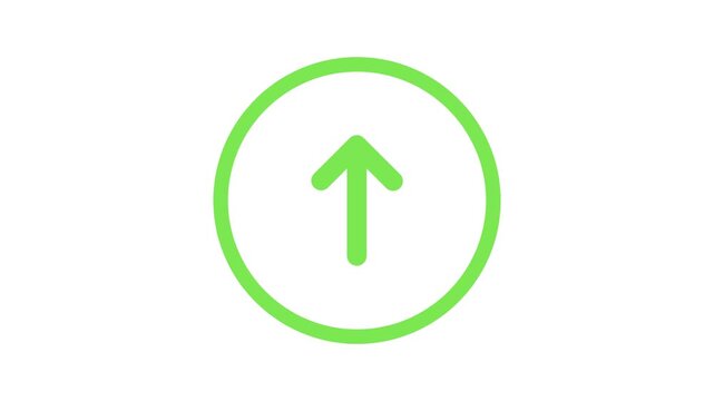 Minimalist green arrow pointing up in circular frame icon for interface upload progress and direct navigation sign