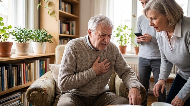 Elderly senior man suffering heart attack and chest pain at home while worried wife and grandson call for medical emergency assistance