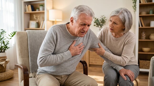 Senior man suffering from chest pain at home while his worried wife provides support during a potential medical emergency.