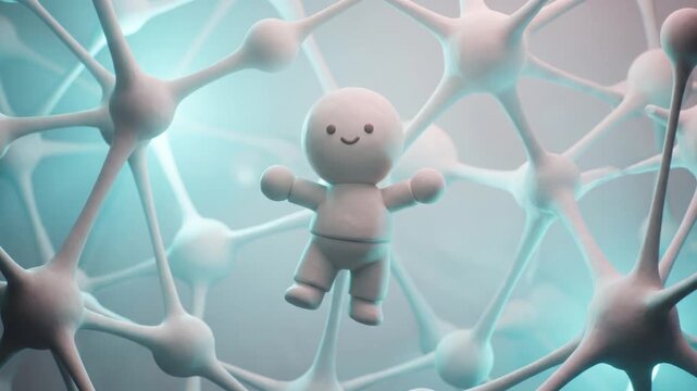 脳科学テックラボ空間で落ち込んだ状態からリラックスして微笑む粘土風マスコットの3DCG映像