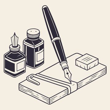 Classic fountain pen and ink bottle drawing for writing with fountain notebook stationery