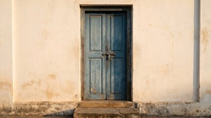 Fototapeta premium Weathered blue wooden door with rusted latch on cream wall