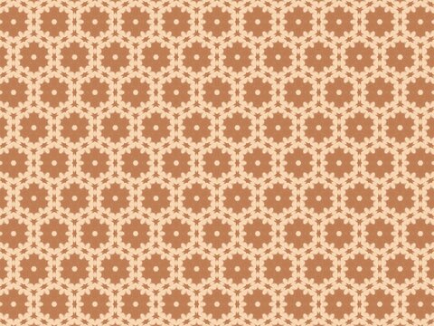 Warm-toned geometric pattern with repeating floral motifs. Soft beige and terracotta hues create gentle, cozy texture. Symmetrical design repeats across entire frame, inviting visual flow