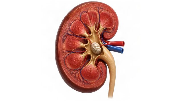 Cross-section of human kidney showing internal anatomy, renal cortex, medulla pyramids, calyces, pelvis, renal artery and vein, and ureter. 3D medical illustration on white background.