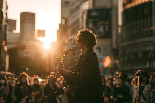 Musician Performing at Shibuya Crossing During Sunset with Audience Gathered to Enjoy the Live Show