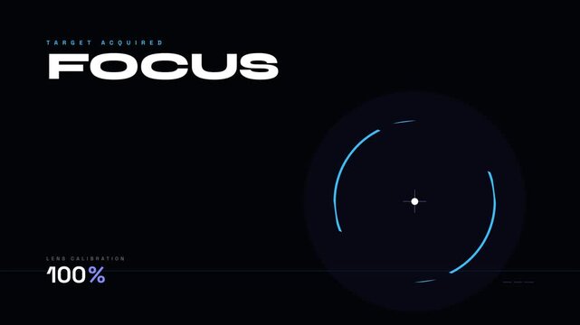 Digital lens calibration interface, displaying a target focus with percentage progression from 21% to 100%, seamless loop animation, symbolizing technology and precision.