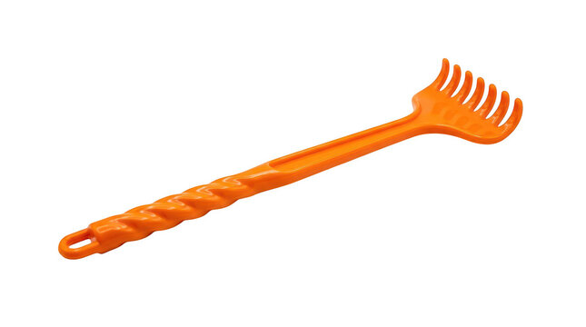 Orange plastic back scratcher with long handle, manual body massager for itch relief, ergonomic self-massage tool for personal care isolated on Transparent Background