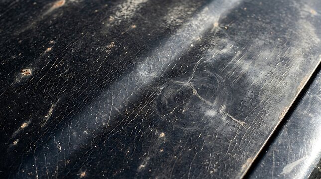Closeup of severely weathered and cracked black car paint with circular swirl marks and surface damage