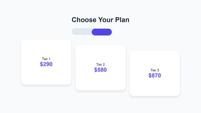Dynamic animated user interface showing a pricing plan selection with a toggle switch smoothly transitioning between different tier values on a clean white background, representing flexible